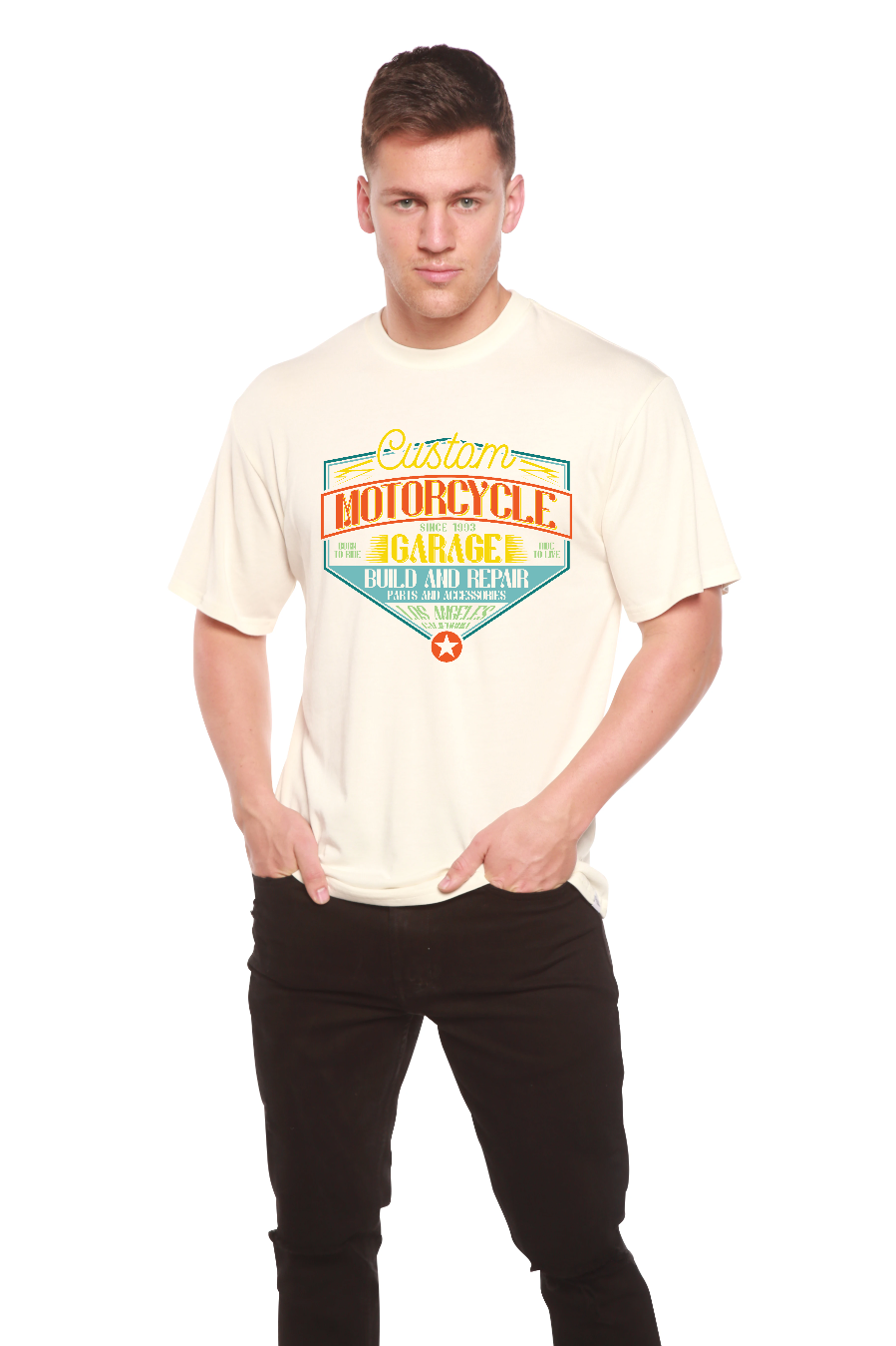 Camiseta gráfica de manga corta de viscosa de bambú y algodón orgánico para hombre "Motorcycle Garage"