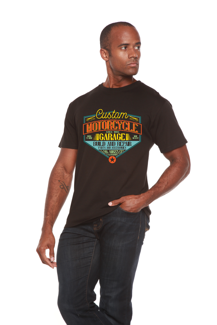 Camiseta gráfica de manga corta de viscosa de bambú y algodón orgánico para hombre "Motorcycle Garage"