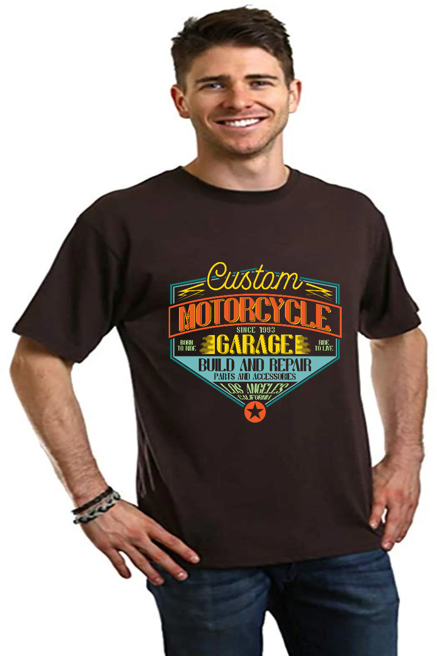 Camiseta gráfica de manga corta de viscosa de bambú y algodón orgánico para hombre "Motorcycle Garage"
