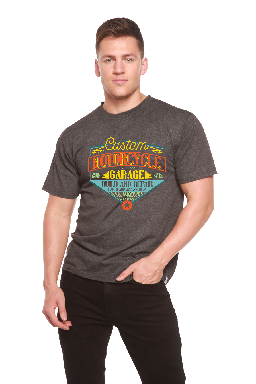 Camiseta gráfica de manga corta de viscosa de bambú y algodón orgánico para hombre "Motorcycle Garage"