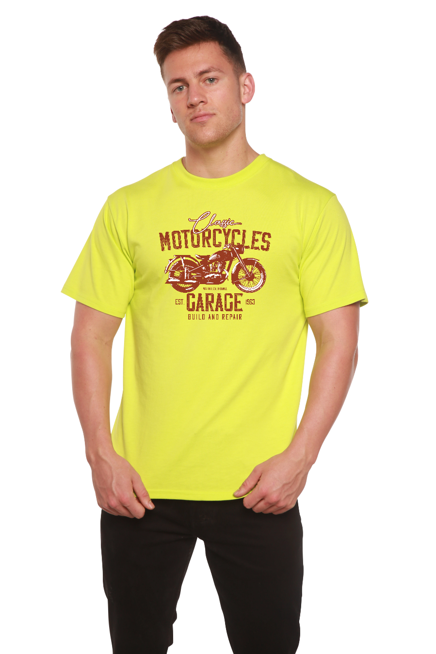 Camiseta gráfica de manga corta de viscosa de bambú/algodón orgánico para hombre "Motorcycles Garage"