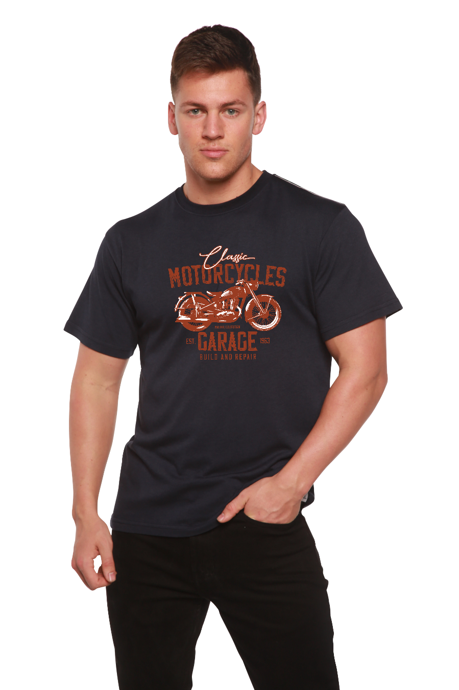 Camiseta gráfica de manga corta de viscosa de bambú/algodón orgánico para hombre "Motorcycles Garage"