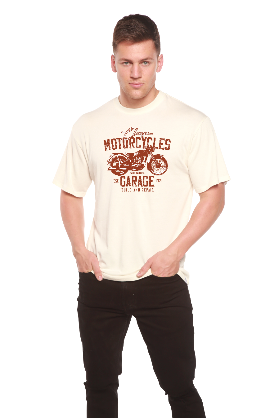 Camiseta gráfica de manga corta de viscosa de bambú/algodón orgánico para hombre "Motorcycles Garage"