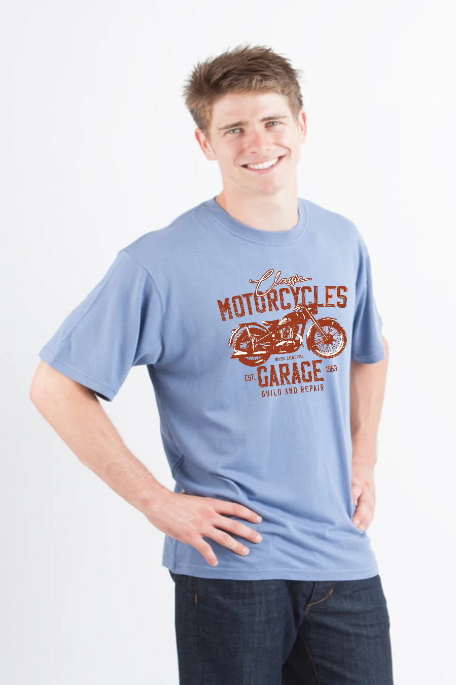 Camiseta gráfica de manga corta de viscosa de bambú/algodón orgánico para hombre "Motorcycles Garage"