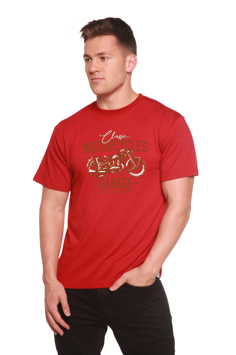 Camiseta gráfica de manga corta de viscosa de bambú/algodón orgánico para hombre "Motorcycles Garage"
