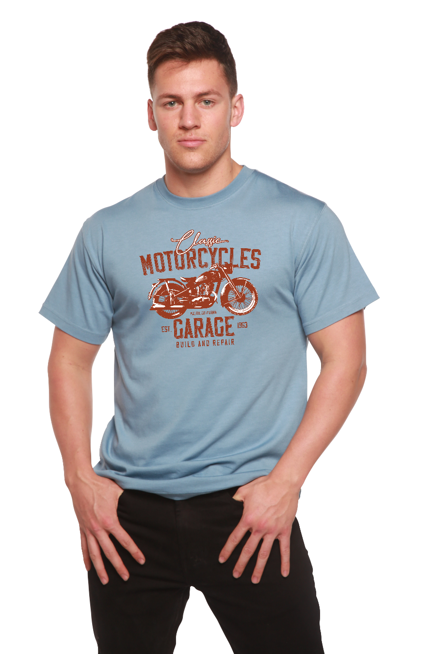 Camiseta gráfica de manga corta de viscosa de bambú/algodón orgánico para hombre "Motorcycles Garage"