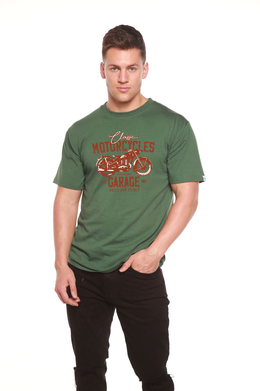 Camiseta gráfica de manga corta de viscosa de bambú/algodón orgánico para hombre "Motorcycles Garage"