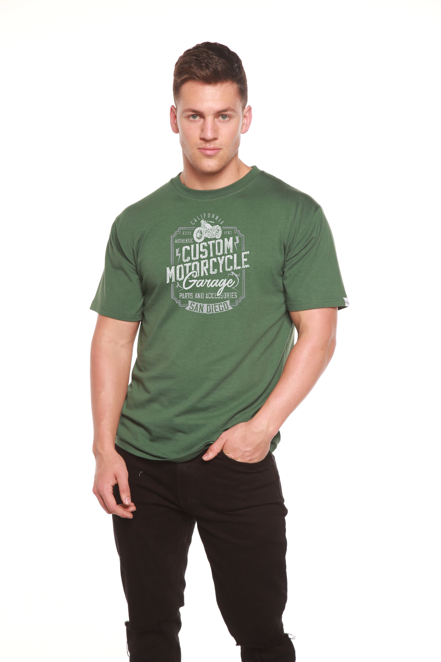 Camiseta gráfica de manga corta de bambú/algodón orgánico para hombre, diseño "Motocycle Garage"