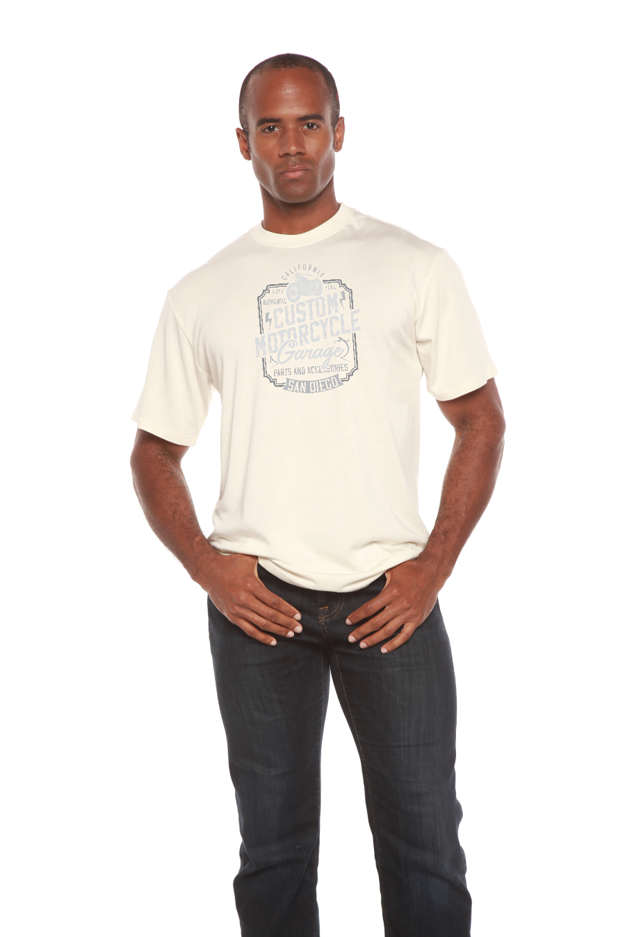 Camiseta gráfica de manga corta de bambú/algodón orgánico para hombre, diseño "Motocycle Garage"