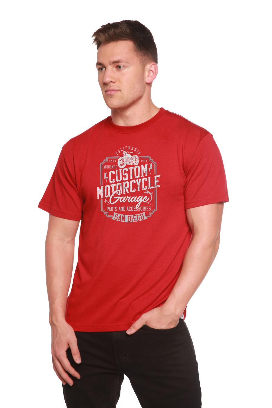 Camiseta gráfica de manga corta de bambú/algodón orgánico para hombre, diseño "Motocycle Garage"