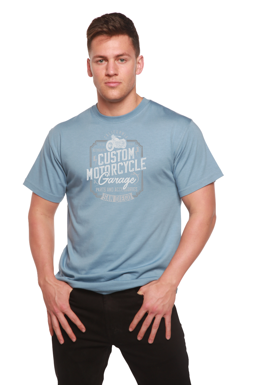 Camiseta gráfica de manga corta de bambú/algodón orgánico para hombre, diseño "Motocycle Garage"