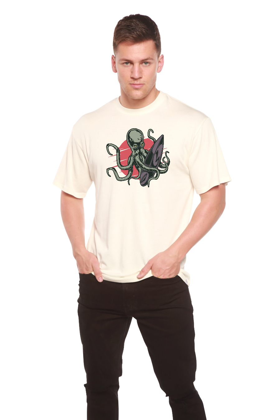 Camiseta gráfica de manga corta de viscosa de bambú/algodón orgánico con pulpo para hombre