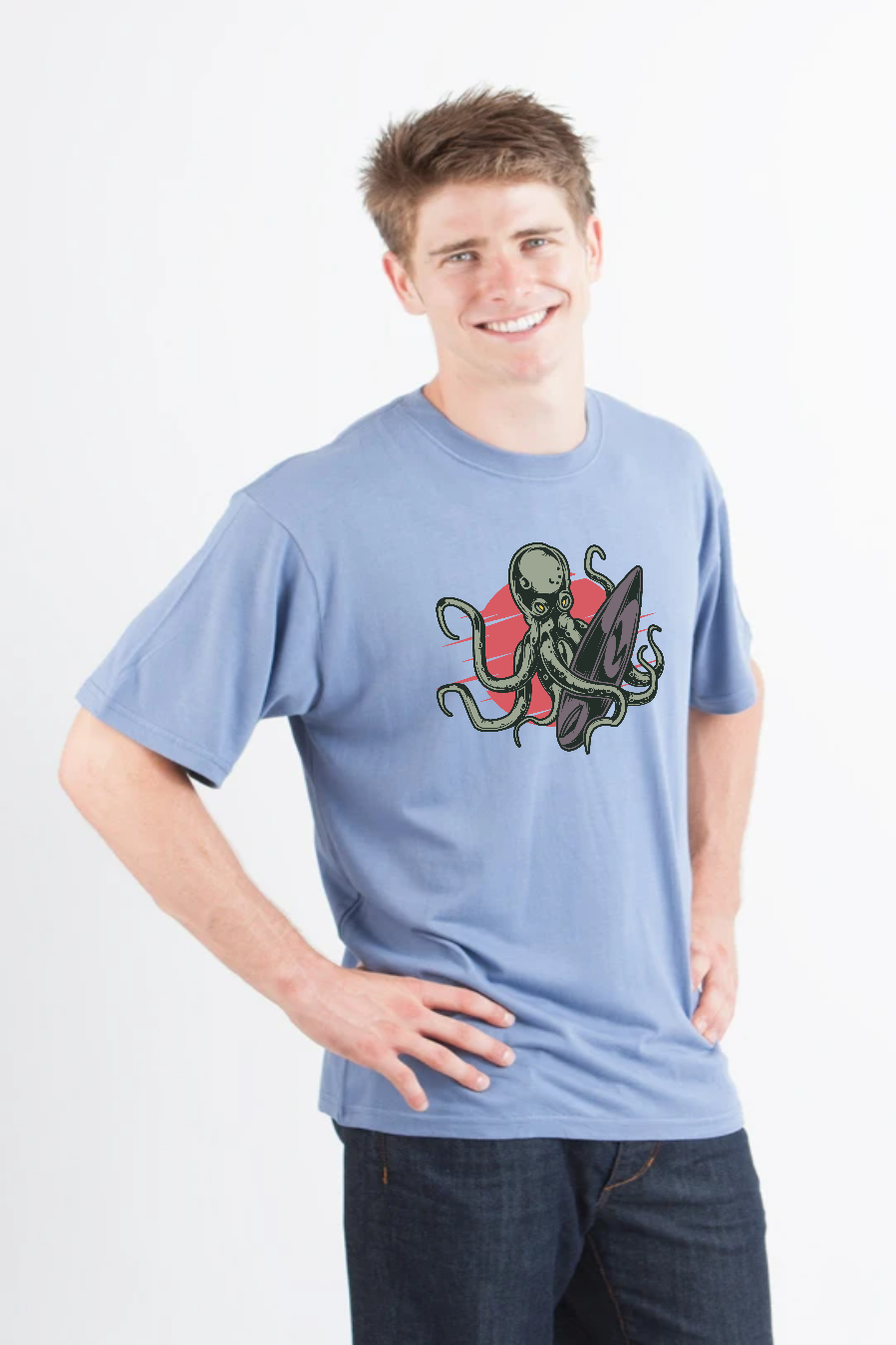 Camiseta gráfica de manga corta de viscosa de bambú/algodón orgánico con pulpo para hombre