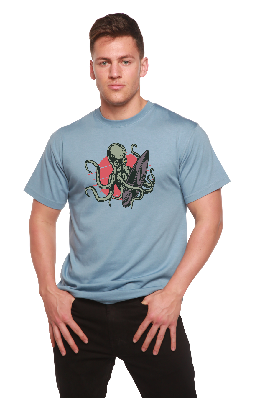 Camiseta gráfica de manga corta de viscosa de bambú/algodón orgánico con pulpo para hombre