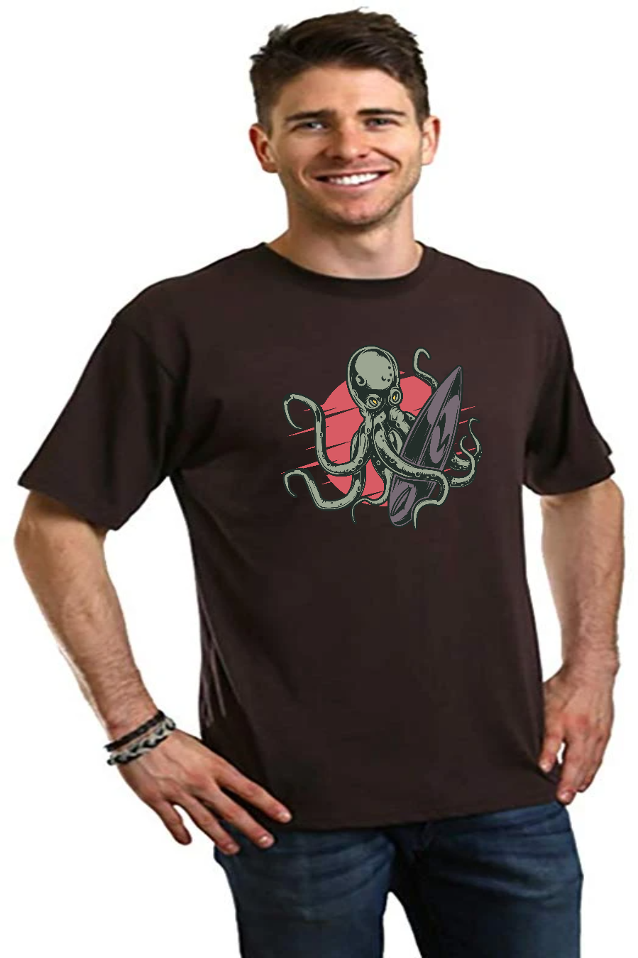 Camiseta gráfica de manga corta de viscosa de bambú/algodón orgánico con pulpo para hombre