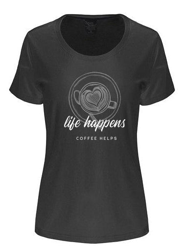 Camiseta estampada de bambú y algodón de manga corta y cuello redondo para mujer con la frase "Life Happens"