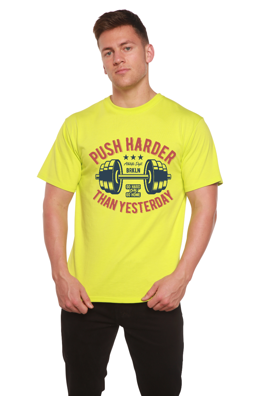 Camiseta gráfica de manga corta de viscosa de bambú/algodón orgánico "Push Harder" para hombre