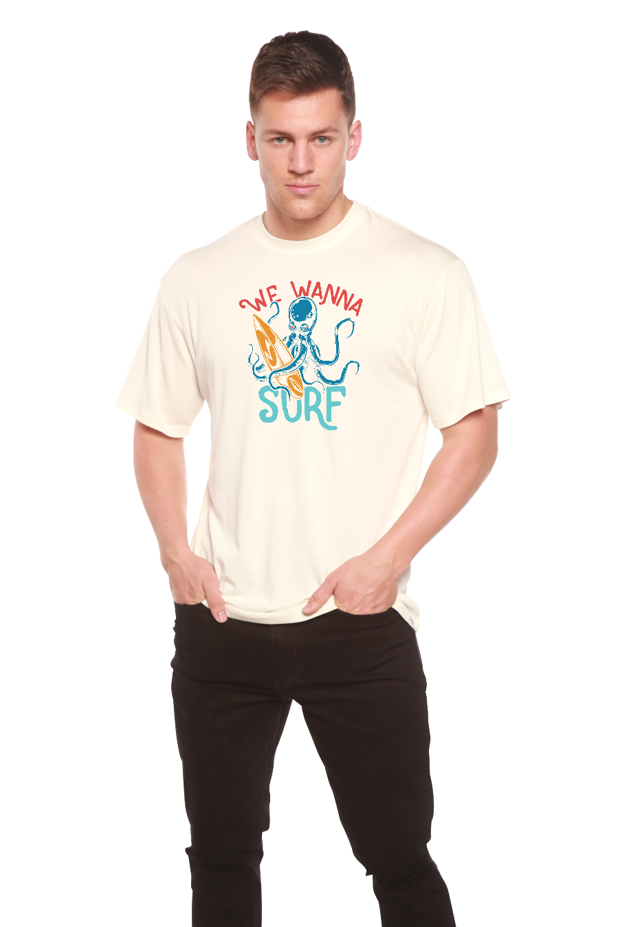 Camiseta gráfica de manga corta para hombre "We Wanna Surf" de viscosa de bambú/algodón orgánico