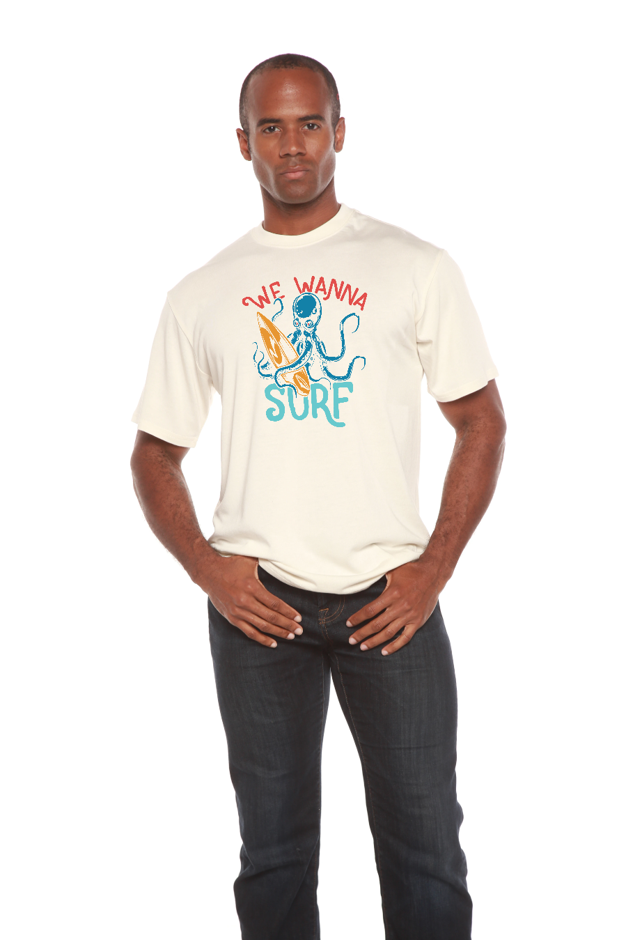 Camiseta gráfica de manga corta para hombre "We Wanna Surf" de viscosa de bambú/algodón orgánico