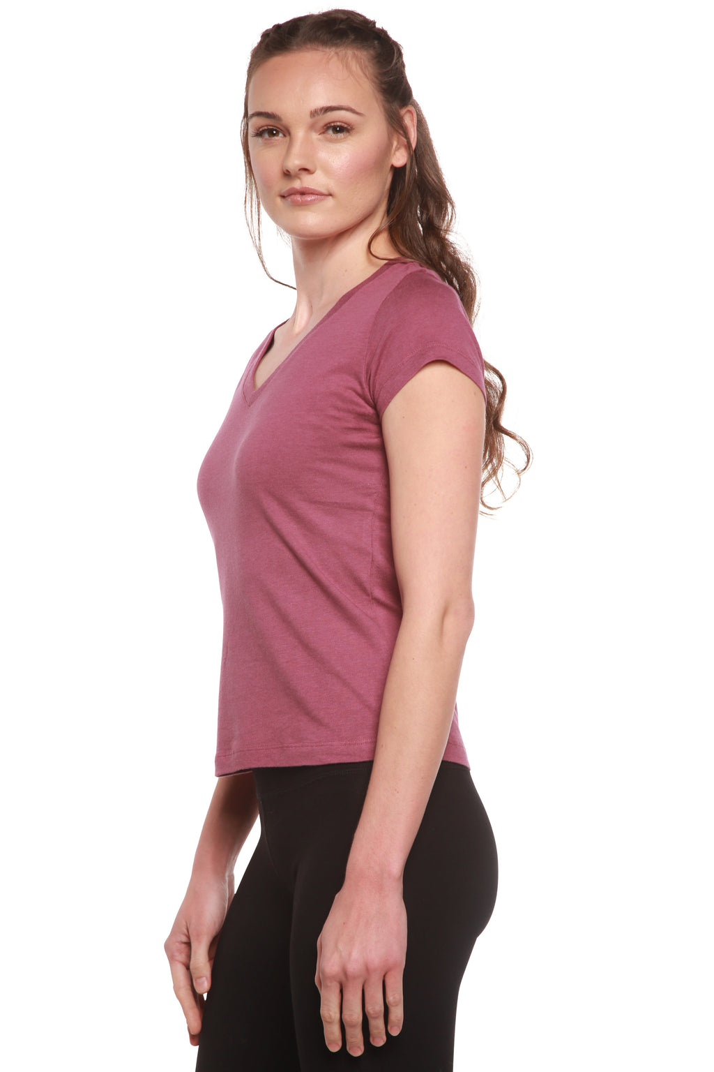 Camiseta de viscosa de bambú y algodón con cuello en V y manga casquillo para mujer