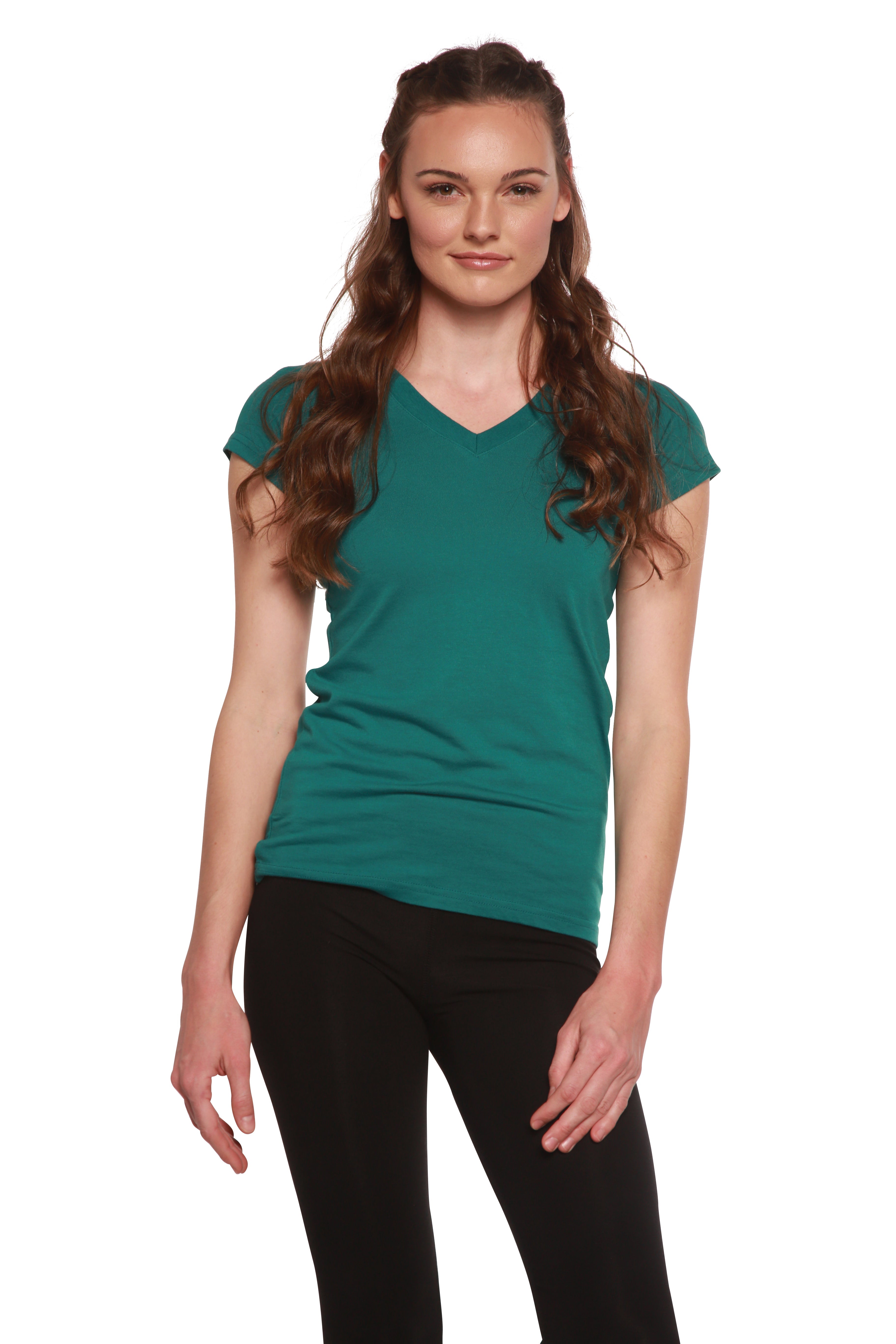 Camiseta de viscosa de bambú y algodón con cuello en V y manga casquillo para mujer