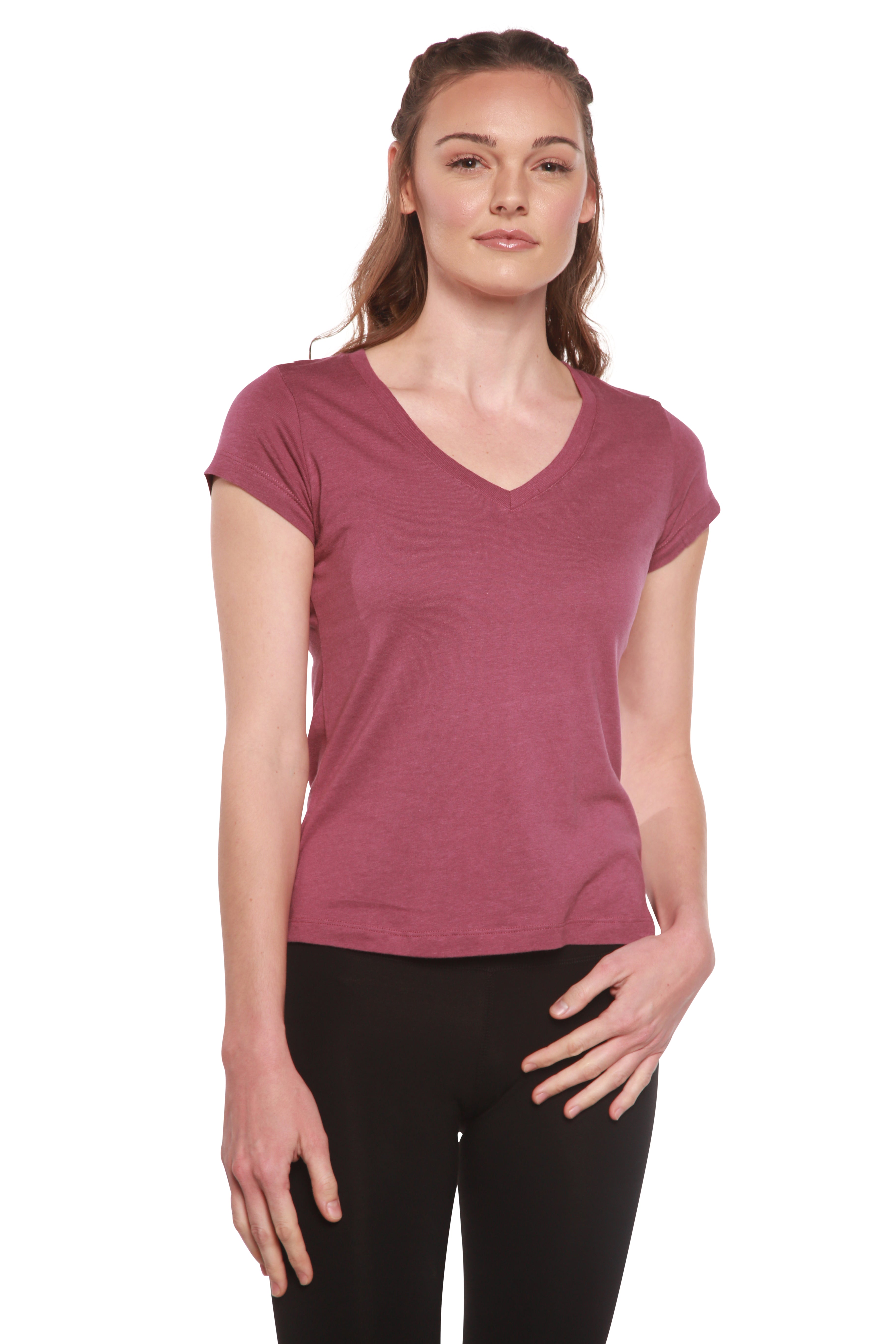 Camiseta de viscosa de bambú y algodón con cuello en V y manga casquillo para mujer