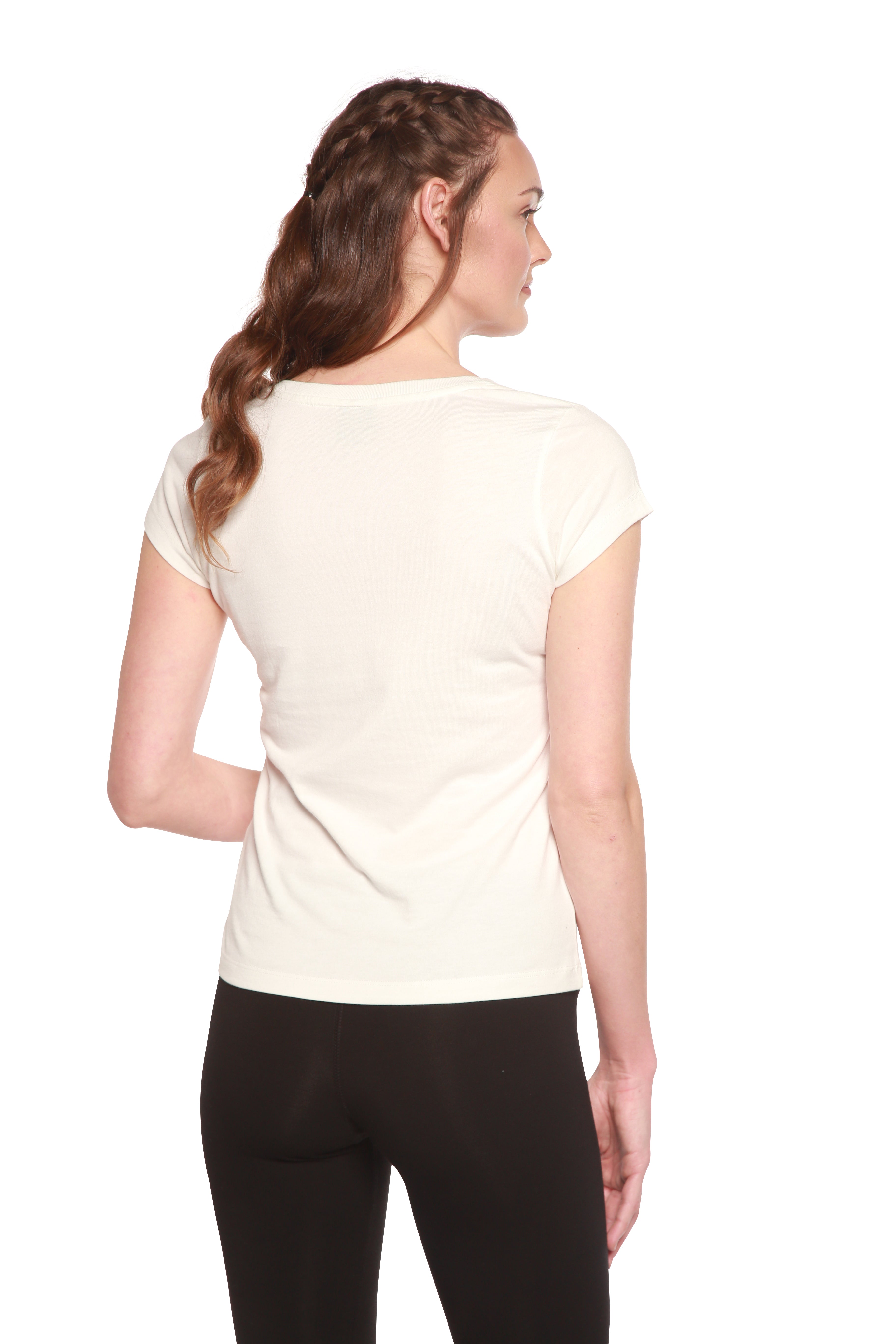Camiseta de viscosa de bambú y algodón con cuello en V y manga casquillo para mujer
