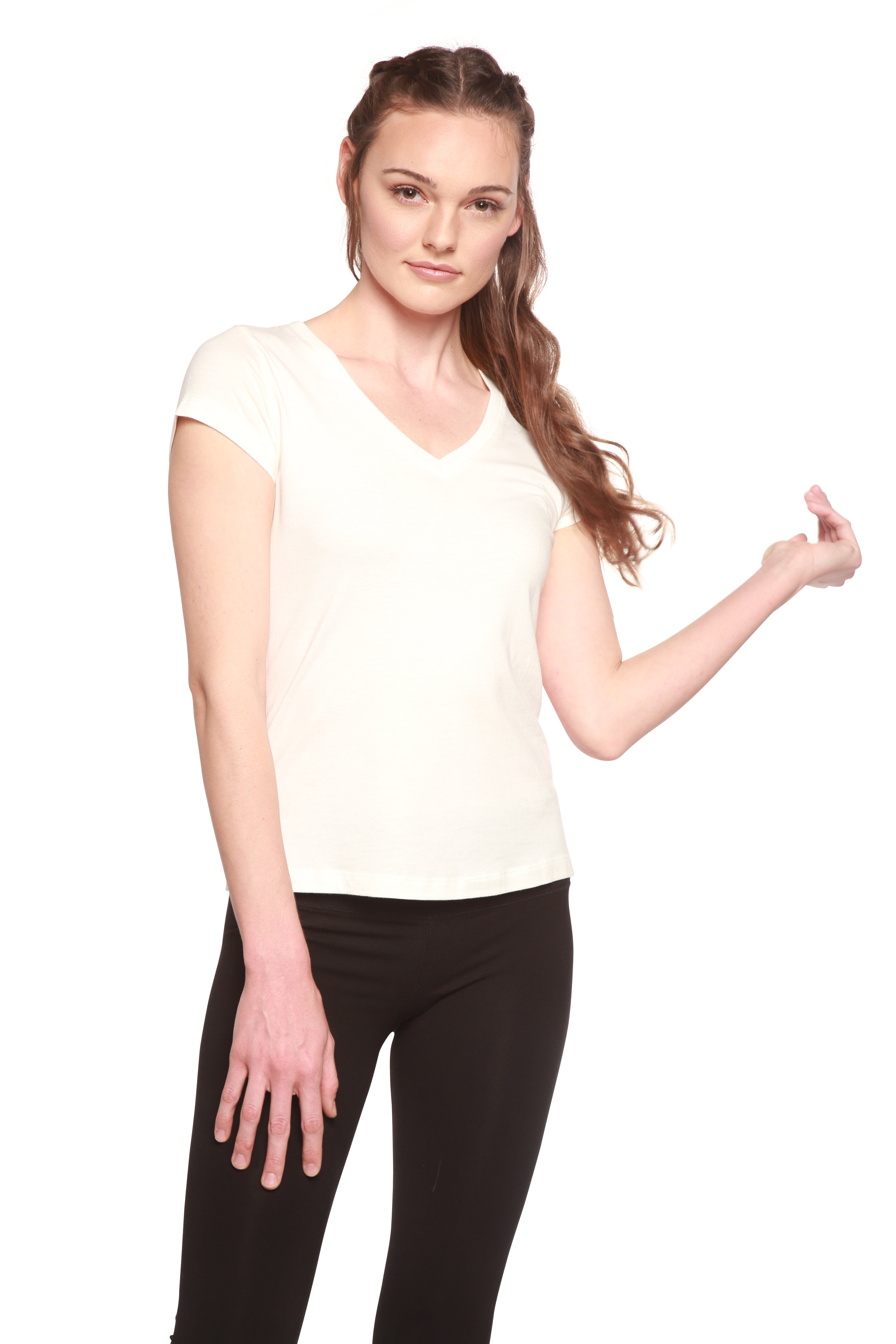 Camiseta de viscosa de bambú y algodón con cuello en V y manga casquillo para mujer