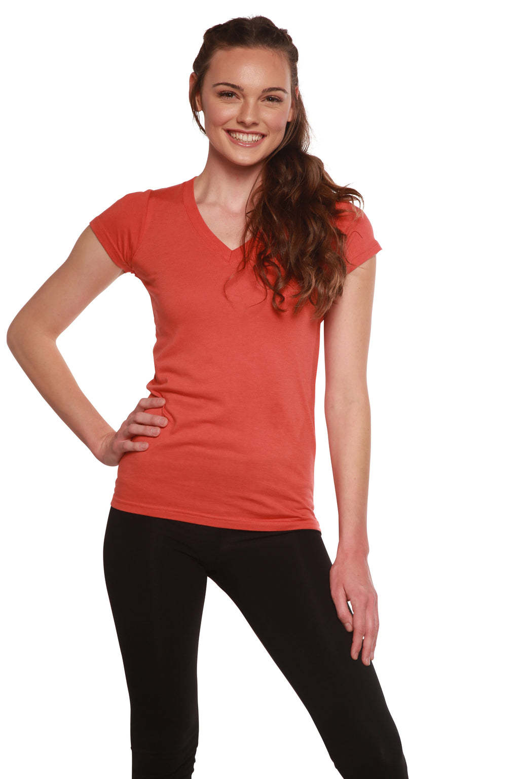 Camiseta de viscosa de bambú y algodón con cuello en V y manga casquillo para mujer