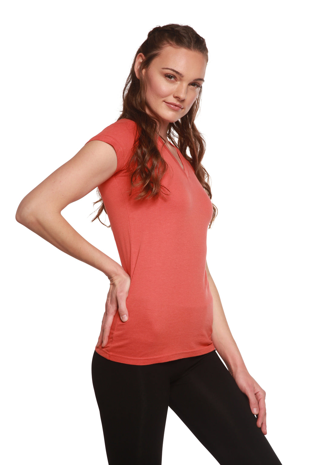 Camiseta de viscosa de bambú y algodón con cuello en V y manga casquillo para mujer
