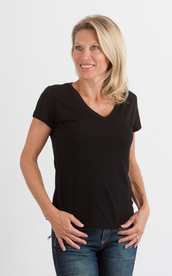 Camiseta de viscosa de bambú y algodón con cuello en V y manga casquillo para mujer